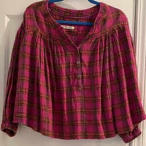 Free People Pink and Brown Plaid Blouse